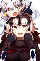 Rule 34 | 2girls, absurdres, ahoge, anger vein, blush, excited, fate/grand order, fate (series), hand on another&#039;s head, highres, jeanne d&#039;arc (fate), jeanne d&#039;arc (ruler) (fate), jeanne d&#039;arc alter (avenger) (fate), jeanne d&#039;arc alter (fate), jeanne d&#039;arc alter santa lily (fate), multiple girls, simple background, sitting, sparkle, thighhighs, white background, white hair, yellow eyes