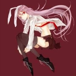 Rule 34 | 1girl, animal ears, bad id, bad pixiv id, boots, breasts, brown thighhighs, cross-laced footwear, dress shirt, female focus, hugging own legs, kol49, lace-up boots, light purple hair, long hair, medium breasts, necktie, no bra, open clothes, open shirt, purple hair, rabbit ears, red eyes, red necktie, reisen udongein inaba, shirt, skinny, skirt, solo, thighhighs, touhou, underboob, very long hair, zettai ryouiki