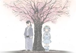 Rule 34 | 1boy, 1girl, ^ ^, absurdres, backpack, bag, blue footwear, blue hair, blue hat, blue skirt, boots, closed eyes, closed mouth, eyebrows, flanvia, hair bobbles, hair ornament, hat, height difference, highres, holding strap, japanese clothes, kawashiro nitori, kimono, nature, no eyes, outdoors, pale color, petals, ponytail, rubber boots, sandals, sash, skirt, skirt set, smile, standing, touhou, tree, two side up, under tree, zouri