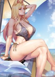 Rule 34 | 1girl, ahri (league of legends), animal ears, areola slip, arm support, bare shoulders, beach, beach umbrella, blonde hair, blue eyes, breasts, cleavage, collarbone, covered erect nipples, crossed legs, gonster, highres, k/da (league of legends), k/da ahri, large breasts, league of legends, looking at viewer, nipples, ocean, open mouth, sideboob, sitting, solo, sweat, sweatdrop, swimsuit, thick thighs, thighs, umbrella, underboob, water, water drop, wet