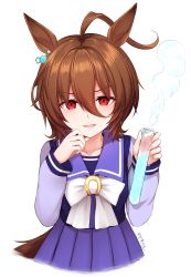 Rule 34 | 1girl, agnes tachyon (umamusume), ahoge, animal ears, bow, brown hair, collarbone, commentary request, ear piercing, hair between eyes, highres, holding, horse ears, horse girl, horse tail, long sleeves, looking at viewer, omoomomo, parted lips, piercing, pleated skirt, purple sailor collar, purple shirt, purple skirt, red eyes, sailor collar, school uniform, serafuku, shirt, signature, simple background, skirt, smile, smoke, solo, tail, test tube, umamusume, v-shaped eyebrows, white background, white bow