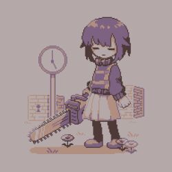 Rule 34 | 1girl, analog clock, arms at sides, black pantyhose, brick wall, chainsaw, clock, closed eyes, closed mouth, commentary, flipped hair, flower, full body, grass, grey background, holding, holding chainsaw, keyhole, long sleeves, medium hair, medium skirt, monochrome, no nose, outline, pantyhose, pixel art, pleated skirt, puffy long sleeves, puffy sleeves, regurusu (nagarevosi), shaded face, shadow, shoes, sidelocks, simple background, skirt, solo, standing, street clock, sweater, symbol-only commentary, tower, turtleneck, turtleneck sweater, urotsuki, white outline, white skirt, yume 2kki