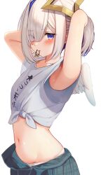 Rule 34 | 1girl, absurdres, adjusting hair, amane kanata, angel wings, anger vein, armpits, blue hair, blush, buket pudding i, casual, colored inner hair, grey hair, hair over one eye, hair tie, highres, hololive, medium hair, midriff, mouth hold, multicolored hair, navel, panties, pantyshot, ponytail, purple eyes, shirt, simple background, skirt, solo, t-shirt, tied shirt, underwear, unzipped, virtual youtuber, white background, wings