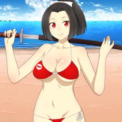 Rule 34 | 1girl, beach, bikini, black hair, breasts, challengia, cloud, collarbone, day, hair ornament, holding, holding sword, holding weapon, katana, large breasts, long hair, looking at viewer, navel, nchans, nchans style, ocean, official art, orcaleon, red bikini, red eyes, solo, swimsuit, sword, urachan, weapon