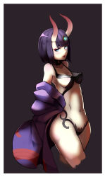 Rule 34 | 1girl, absurdres, blue eyes, border, breasts, cropped legs, eyebrows, eyeliner, fate/grand order, fate (series), gem, head tilt, highres, horns, kion-kun, looking at viewer, makeup, medium breasts, navel, off shoulder, oni, parted lips, shuten douji (fate), shuten douji (first ascension) (fate), skin-covered horns, solo