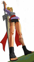 Rule 34 | 1girl, artist request, black panties, blonde hair, blouse, fishnets, from below, hand fan, hand on own hip, legs, legs apart, miniskirt, naruto, naruto (series), panties, pantyshot, purple shirt, quad tails, sandals, shirt, simple background, skirt, solo, standing, temari (naruto), third-party source, underwear, upskirt, white background