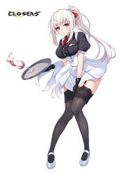 Rule 34 | 1girl, alcohol, alternate hair color, badge, between legs, black gloves, black shirt, black thighhighs, bow, bowtie, breasts, center frills, closers, collared shirt, copyright name, cup, drinking glass, embarrassed, frills, full body, furrowed brow, garter straps, gloves, hair bow, hand between legs, hand up, high-waist skirt, highres, holding, holding tray, knees together feet apart, lace, lace-trimmed thighhighs, large breasts, leaning forward, levia (closers), logo, long hair, looking at viewer, mary janes, miniskirt, no pupils, official art, parted lips, pleated skirt, pointy ears, ponytail, puffy short sleeves, puffy sleeves, purple eyes, red bow, red bowtie, shirt, shoes, short sleeves, sidelocks, skirt, skirt tug, solo, spilling, standing, suspender skirt, suspenders, tachi-e, tearing up, thighhighs, towel on arm, tray, underbust, very long hair, waitress, white background, white footwear, white hair, white skirt, wine, wine glass, zettai ryouiki