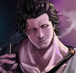Rule 34 | 1boy, black capelet, black clover, black hair, brown eyes, capelet, cigarette, facial hair, highres, holding, holding cigarette, male focus, mature male, muscular, muscular male, short hair, smoke, smoking, solo, sosuke ppp, stubble, tank top, white tank top, yami sukehiro