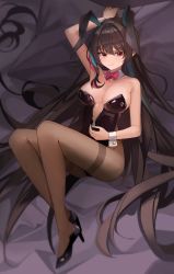 Rule 34 | 1girl, 2022, absurdres, armpits, arms up, bare shoulders, black hair, blush, bow, bowtie, breasts, brown eyes, emma llama, female focus, full body, heels, highres, indie virtual youtuber, large breasts, leggings, long hair, looking at viewer, pale skin, pillow, smile, solo, streamer, streamers, thighhighs, twitch, twitch.tv, virtual youtuber