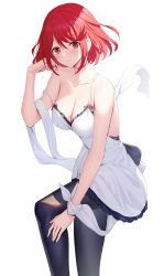 Rule 34 | 1girl, bare arms, bare shoulders, blush, breasts, cleavage, closed mouth, collarbone, dress, highres, large breasts, looking at viewer, pyra (xenoblade), red eyes, red hair, ririko (zhuoyandesailaer), short hair, simple background, sleeveless, smile, solo, white background, white dress, xenoblade chronicles (series), xenoblade chronicles 2