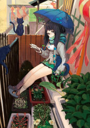 Rule 34 | black eyes, black hair, book, cat, chachie, coat, day, enpera, fence, food, from side, full body, glasses, highres, legs, long hair, microskirt, nuzzle, open book, original, plant, potted plant, reading, scarf, school uniform, shoes, sitting, skirt, socks, solo, umbrella, vegetable, white socks