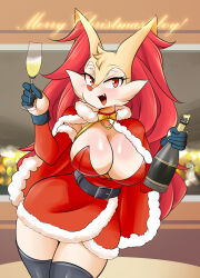 Rule 34 | 1girl, absurdres, alcohol, blush, braixen, braxy (lucyfer), breasts, christmas, christmas ornaments, cleavage, creatures (company), cup, curvy, dress, drinking glass, english text, fang, fishnets, furry, furry female, game freak, gen 6 pokemon, gloves, highres, holding, holding cup, large breasts, long hair, lucyfer, matching hair/eyes, merry christmas, nintendo, open mouth, pokemon, santa dress, wide hips