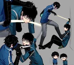 Rule 34 | 2boys, against wall, all fours, battle, black footwear, black gloves, black hair, black pants, black shirt, blue jacket, boots, brown eyes, chibi, cracked skin, cube, dual wielding, duel, emblem, futaba 08 cnmrl, glasses, gloves, glowing, glowing sword, glowing weapon, grabbing another&#039;s hair, green eyes, grey-framed eyewear, grey footwear, grey pants, hand up, holding, holding another&#039;s wrist, holding sword, holding weapon, jacket, karasuma kyousuke, knee boots, knees up, long sleeves, looking at another, looking at viewer, looking away, looking down, looking up, male focus, mikumo osamu, multiple boys, multiple views, nervous, on ground, opaque glasses, outstretched leg, pants, pants tucked in, profile, red eyes, semi-rimless eyewear, shards, sheath, shirt, shoes, short hair, sitting, stab, standing, stepped on, sword, sword to throat, t-shirt, training, under-rim eyewear, uniform, unsheathed, weapon, world trigger