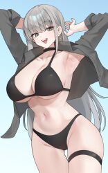 Rule 34 | 1girl, absurdres, armpits, arms behind head, arms up, bikini, black bikini, black choker, breasts, choker, cleavage, coke0502, collarbone, collared shirt, cowboy shot, earrings, grey eyes, grey hair, grey shirt, halterneck, highres, jewelry, large breasts, long hair, long sleeves, looking at viewer, mole, mole under eye, navel, open clothes, open mouth, open shirt, original, shirt, sidelocks, skindentation, smile, solo, standing, stomach, string bikini, swimsuit, thigh gap, thigh strap, thighs, very long hair