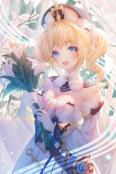 Rule 34 | 1girl, absurdres, barbara (genshin impact), blonde hair, blue eyes, breasts, cleavage, close-up, dress, drill hair, flower, genshin impact, hat, highres, holding, holding flower, huge filesize, hydro (genshin impact), lily (flower), long sleeves, looking at viewer, medium breasts, nalukikiki, open mouth, smile, solo, twin drills, vision (genshin impact), white dress, white hat