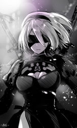 Rule 34 | 1girl, black dress, black hairband, blindfold, breasts, cleavage, cleavage cutout, clothing cutout, covered eyes, dress, feather-trimmed sleeves, greyscale, hairband, juliet sleeves, kojima saya, long sleeves, looking at viewer, mole, mole under mouth, monochrome, nier (series), nier:automata, puffy sleeves, short hair, solo, upper body, weapon, weapon on back, 2b (nier:automata)