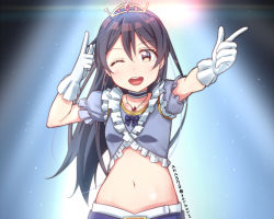 Rule 34 | 1girl, arms up, blue hair, blush, commentary request, gloves, hair between eyes, jewelry, long hair, looking at viewer, love live!, love live! school idol project, midriff, music s.t.a.r.t!!, navel, necklace, one eye closed, open mouth, simple background, skull573, smile, solo, sonoda umi, tiara, yellow eyes