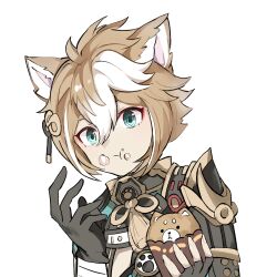 Rule 34 | 1boy, :t, animal ears, black gloves, closed mouth, dog ears, food, food on face, genshin impact, gloves, gorou (genshin impact), hair between eyes, holding, holding food, light brown hair, long wind, looking at viewer, male focus, multicolored hair, neck tassel, paw print, short hair, solo, streaked hair, two-tone hair, upper body, white hair