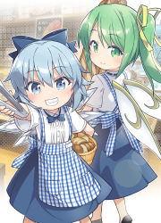 2girls, alternate costume, bakery, blue bow, blue eyes, blue hair, blush, bow, bread, cirno, closed mouth, commentary request, commission, daiyousei, eyebrows visible through hair, fairy wings, feet out of frame, food, green eyes, green hair, grin, hair bow, holding, indoors, kobeya, kobeya uniform, looking at viewer, looking back, multiple girls, one side up, plaid, shop, short hair, skeb commission, smile, toto nemigi, touhou, wings