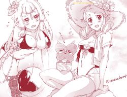 Rule 34 | 2girls, bent over, bikini, blunt bangs, blush stickers, breasts, cleavage, cropped jacket, embarrassed, facial mark, flower, forehead mark, hair flower, hair ornament, hat, hat flower, highres, innertube, korok, large breasts, leaning forward, long hair, looking at viewer, mask, medium breasts, midriff, monochrome, multiple girls, navel, nintendo, open mouth, parted bangs, paya (zelda), pointy ears, princess zelda, sarong, short hair, shuri (84k), sidelocks, sitting, skindentation, smile, straw hat, sunflower, sweatdrop, swim ring, swimsuit, the legend of zelda, the legend of zelda: breath of the wild, the legend of zelda: tears of the kingdom, thick eyebrows, thighhighs, twitter username