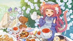 Rule 34 | 1girl, animal ears, apron, bird, blue dress, blush, bush, cat ears, cat tail, chair, commentary request, cookie, cup, dessert, detached sleeves, doughnut, dress, flower, food, highres, long hair, looking at viewer, open mouth, orange eyes, original, petals, plate, sitting, stuffed animal, stuffed toy, table, tail, teacup, teddy bear, two side up, very long hair, virtual youtuber, white apron, white flower, yagita (astronomie)