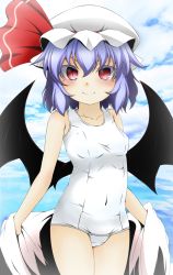Rule 34 | 1girl, bat wings, blue hair, covered navel, day, fumi (fumifumi-graffiti), hat, highres, mob cap, one-piece swimsuit, red eyes, remilia scarlet, school swimsuit, short hair, swimsuit, touhou, towel, white school swimsuit, white one-piece swimsuit, wings