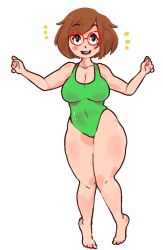 Rule 34 | 1girl, barefoot, blush stickers, breasts, brown eyes, brown hair, cleavage, curvy, glasses, inkerton-kun, jumping, large breasts, nikki (swapnote), nintendo, one-piece swimsuit, red-framed eyewear, short hair, smile, solo, swapnote, swimsuit, thick thighs, thighs