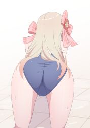 Rule 34 | 1girl, all fours, ass, blonde hair, chaos marie (grimms notes), commentary request, from behind, gradient hair, grimms notes, hair over ass, hair ribbon, highres, kumacy 0, multicolored hair, old school swimsuit, ribbon, school swimsuit, shadow, solo, swimsuit, wet, wet hair, white background