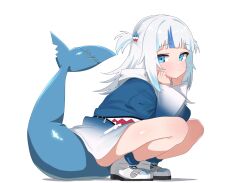 Rule 34 | 1girl, blue eyes, blue hair, dated commentary, fins, fish tail, full body, gawr gura, gawr gura (1st costume), hair ornament, highres, hololive, hololive english, long hair, looking back, mingkozus, multicolored hair, shark girl, shark tail, shoes, simple background, sneakers, solo, squatting, tail, thighs, two-tone hair, virtual youtuber, white background, white footwear, white hair