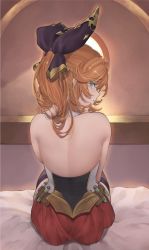 Rule 34 | 1girl, absurdres, aqua eyes, back, backlighting, bare back, bare shoulders, bed sheet, belt, betabeet, black thighhighs, bow, clarisse (granblue fantasy), detached collar, from behind, granblue fantasy, hair bow, highres, indoors, long hair, looking at viewer, looking back, on bed, orange hair, parted lips, ponytail, purple bow, red skirt, sitting, skirt, solo, test tube, thighhighs, window