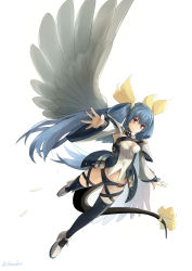 Rule 34 | 1girl, absurdres, asymmetrical wings, bad id, bad pixiv id, black panties, black thighhighs, blue hair, bow, chamu (chammkue), commentary request, dizzy (guilty gear), guilty gear, guilty gear xrd, highres, panties, red eyes, ribbon, solo, tail, tail bow, tail ornament, tail ribbon, thighhighs, twitter username, underwear, wings