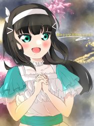 Rule 34 | 1girl, aqua dress, artist name, artist request, black hair, blunt bangs, breasts, close-up, detached collar, dreamy color, dreamy color (love live!), dress, feather dress, female focus, green eyes, hair ornament, hairband, hairclip, kurosawa dia, long hair, looking at viewer, love live!, love live! school idol festival, love live! sunshine!!, mole, mole under mouth, own hands together, plaid, plaid dress, pleated, pleated dress, short sleeves, small breasts, smile, solo, upper body, white detached collar, white dress, white hairband