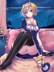 Rule 34 | 1girl, akimoto, alice margatroid, bad id, bad pixiv id, black thighhighs, blonde hair, blue eyes, book, breasts, curtains, doll, doll joints, female focus, hairband, highres, joints, night, night sky, panties, pantyshot, ribbon, shanghai doll, shooting star, short hair, sitting, sky, solo, star (sky), star (symbol), starry sky, thighhighs, touhou, underwear, window