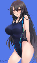Rule 34 | 1girl, alternate costume, black hair, black one-piece swimsuit, blue background, blue one-piece swimsuit, breasts, chamumi (mochiumee), competition swimsuit, covered navel, cowboy shot, hair between eyes, highleg, highres, kantai collection, large breasts, lips, long hair, looking at viewer, multicolored clothes, multicolored swimsuit, nagato (kancolle), one-piece swimsuit, red eyes, smile, solo, swimsuit, two-tone swimsuit