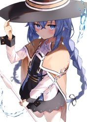 Rule 34 | 1girl, absurdres, black hat, blue eyes, blue hair, blush, braid, brown cape, cape, glaring, hair between eyes, hat, highres, holding, holding staff, jitome, long hair, looking at viewer, lows., mushoku tensei, roxy migurdia, simple background, solo, staff, thighs, twin braids, white background, witch hat