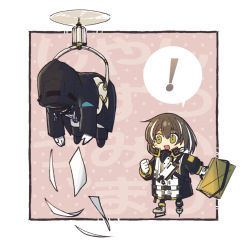 Rule 34 | !, 1girl, 1other, abduction, ambiguous gender, arknights, black coat, blush stickers, border, briefcase, brown hair, chibi, clenched hand, coat, commentary request, doctor (arknights), drone, gloves, holding, holding briefcase, hood, hood up, magallan (arknights), mask, mask around neck, multicolored hair, nekomdr, open mouth, outside border, skates, spoken exclamation mark, streaked hair, translation request, white border, white gloves, white hair, yellow eyes