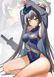 Rule 34 | 1girl, 3:, armpits, arms behind head, ass, assault rifle, bare legs, barefoot, black coat, black dress, black hair, blue archive, breasts, butterfly hair ornament, china dress, chinese clothes, coat, commentary request, covered navel, double bun, dress, grey eyes, gun, hair between eyes, hair bun, hair ornament, halo, highres, kisaki (blue archive), long hair, long sleeves, looking at viewer, medium breasts, nopon, painttool sai (medium), pelvic curtain, rifle, seiza, side slit, sidelocks, silhouette, simple background, sitting, sleeveless, sleeveless turtleneck dress, solo, twintails, weapon, xiamu chiyu, zoom layer