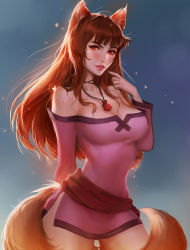 Rule 34 | 1girl, animal ears, arm behind back, arm up, backlighting, blouse, breasts, brown hair, cleavage, contrapposto, finger to mouth, fingernails, gradient background, highres, holo, impossible clothes, impossible shirt, jewelry, kittew, lips, long hair, looking at viewer, medium breasts, nail polish, necklace, off-shoulder shirt, off shoulder, parted lips, pointing, pointing at self, pouch, purple shirt, realistic, red nails, shirt, solo, spice and wolf, standing, tail, wolf ears, wolf tail