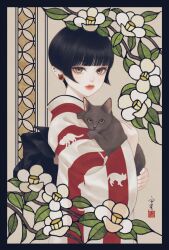 1girl animal animal_print black_border black_hair black_sash blunt_bangs border branch brown_cat brown_eyes cat cat_print closed_mouth ear_piercing earrings flower from_side highres holding holding_animal holding_cat japanese_clothes jewelry kimono leaf lips long_sleeves looking_at_viewer looking_to_the_side obi original piercing print_kimono red_kimono sash seal_impression short_hair sidelocks signature solo stained_glass standing striped_clothes striped_kimono upper_body ushiyama_ame vertical-striped_clothes vertical-striped_kimono very_short_hair white_flower white_kimono wide_sleeves