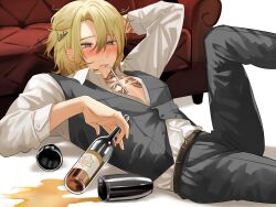 Rule 34 | 1boy, alcohol, arm up, belt, black pants, black vest, blonde hair, blush, bottle, brown belt, buttons, chest tattoo, cocktail shaker, collared shirt, commentary request, couch, curry ytd, dress shirt, drinking straw, drinking straw in mouth, hair between eyes, hair ornament, hairclip, highres, leg up, luca kaneshiro, lying, male focus, medium hair, messy hair, mouth hold, nijisanji, nijisanji en, nose blush, on back, open collar, pants, parted bangs, parted lips, purple eyes, shirt, shirt tucked in, short sidetail, sidelocks, simple background, solo, spill, tattoo, vest, virtual youtuber, white background, white shirt, wing collar