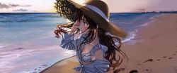 Rule 34 | 1girl, adjusting hair, beach, bikini, blue eyes, blush, breasts, brown hair, cleavage, closed mouth, cloud, earrings, elisia valfelto, footprints, frilled bikini, frills, hat, horizon, jewelry, long hair, luicent, ocean, off shoulder, original, outdoors, profile, sand, scenery, shirt, shore, sky, sleeves rolled up, small breasts, smile, solo, sun hat, sunset, swimsuit, upper body, water, white bikini, white shirt