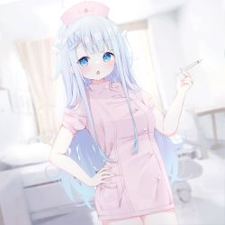Rule 34 | 1girl, ahoge, amatsuka uto, bed, blue eyes, blurry, blurry background, breasts, chestnut mouth, curtains, depth of field, deyui, dress, dutch angle, hair ornament, hairclip, hand on own hip, hat, highres, holding, holding syringe, hospital bed, indie virtual youtuber, indoors, long hair, looking at viewer, nurse, nurse cap, parted lips, pink dress, pink hat, puffy short sleeves, puffy sleeves, short sleeves, signature, silver hair, small breasts, solo, syringe, two side up, very long hair, virtual youtuber, window, wing hair ornament