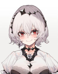 1girl appleseed_(appleseed_art) bad_id bad_pixiv_id blush closed_mouth grey_hair hair_between_eyes hair_ornament looking_at_viewer mismatched_pupils original portrait red_eyes shirt short_hair simple_background smile solo white_background white_shirt