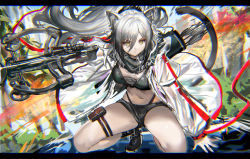 Rule 34 | 1girl, animal ears, arknights, arrow (projectile), bare legs, black footwear, black shorts, bow (weapon), breasts, cat ears, cat tail, commentary request, crop top, crossbow, floating hair, highres, holding, holding crossbow, holding weapon, jacket, large breasts, letterboxed, long hair, long sleeves, looking at viewer, micro shorts, midriff, open clothes, open jacket, partial commentary, pouch, quiver, ran&#039;ou (tamago no kimi), schwarz (arknights), shoes, shorts, silver hair, solo, stomach, tail, thigh strap, thighs, very long hair, weapon, white jacket, yellow eyes