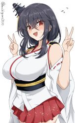Rule 34 | 1girl, bare shoulders, black hair, breasts, chamumi (mochiumee), detached sleeves, highres, japanese clothes, kantai collection, large breasts, looking at viewer, medium hair, red eyes, red skirt, skirt, solo, twitter username, v, white background, white sleeves, yamashiro (kancolle)