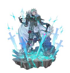 Rule 34 | 1boy, armor, cape, closed mouth, crack, cracked floor, earrings, electricity, fur-trimmed cape, fur trim, glowing, greaves, green cape, green hair, hair between eyes, hand on hilt, highres, holding, holding sword, holding weapon, human homeosta, jewelry, knight, male focus, multicolored hair, multiple swords, original, parted lips, pauldrons, planted, planted sword, planted weapon, purple eyes, red hair, runes, scar, scar on face, shoulder armor, simple background, single earring, sparkle, standing, sword, turtleneck, vambraces, weapon, white background