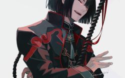 Rule 34 | 1boy, black coat, black hair, chinese clothes, closed eyes, coat, commentary request, fate/grand order, fate (series), high collar, long hair, long sleeves, male focus, open mouth, sei 8220, smile, solo, tai gong wang (fate), weapon