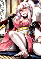 Rule 34 | 10s, 1boy, 1girl, abyssal ship, admiral (kancolle), aircraft carrier oni, alcohol, bare shoulders, barefoot, black gloves, black nails, blush, bottle, breasts, colored skin, cup, drinking glass, drunk, elbow gloves, feet, fingernails, furisode, fuuki (nicoseiga), fuuki (te fuukin), gloves, hair between eyes, hanging scroll, hetero, holding, holding bottle, holding cup, holding drinking glass, indoors, jacket, japanese clothes, kantai collection, kimono, large breasts, locked arms, long hair, long sleeves, looking to the side, nail polish, nose blush, obi, on floor, one side up, open mouth, orange eyes, out of frame, pale skin, pants, red eyes, sash, scroll, shiny skin, side-by-side, sitting, smile, tatami, toenail polish, toenails, toes, wariza, white hair, white jacket, white pants, white skin, wide sleeves