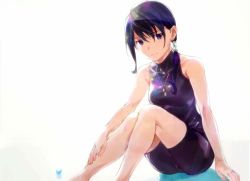 Rule 34 | 10s, 1girl, blue eyes, blue hair, breasts, hai to gensou no grimgar, hair ribbon, halterneck, halterneck, jewelry, large breasts, long hair, looking at viewer, matching hair/eyes, merry (grimgar), necklace, ribbon, shorts, sitting, smile, solo