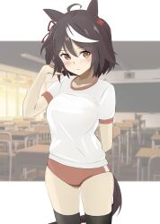 Rule 34 | 1girl, absurdres, ahoge, alternate costume, alternate eye color, animal ears, arm behind back, black hair, black thighhighs, blurry, blurry background, blush, breasts, brown eyes, buruma, chair, classroom, closed mouth, cowboy shot, desk, double-parted bangs, gym shirt, gym uniform, hair between eyes, hair ornament, hair ribbon, hand up, highres, horse ears, horse girl, horse tail, kitasan black (umamusume), large breasts, letterboxed, multicolored hair, out of frame, outside border, red buruma, red ribbon, ribbon, sanche (3che3), school chair, school desk, shirt, short hair, short sleeves, solo, streaked hair, tail, thighhighs, two-tone hair, two side up, umamusume, white hair, white shirt